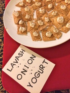 Homemade lavash, topped with homemade yogurt with onions and caraway
