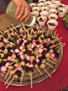 Beet, brussel sprout and quail egg skewers