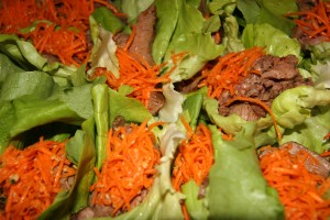 Grass fed steak, carrots and herb lettuce wraps