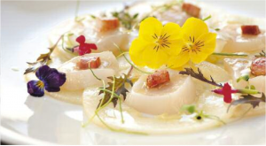 A summer dish of Scallop and Melon Crudo prepared by chef Santos Majano for EMB's article on heirloom melons