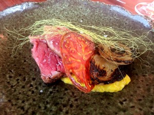 Sea Water-Brined Beef Tenderloin with Corn Pudding and Heirloom Tomato