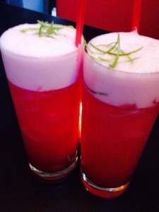 Mezcal with prickly pear fruit puree, lime and adobo.